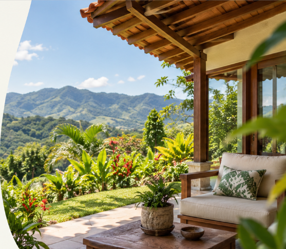 A shaded veranda with a sofa and potted plant, looking over a tropical garden to green mountains